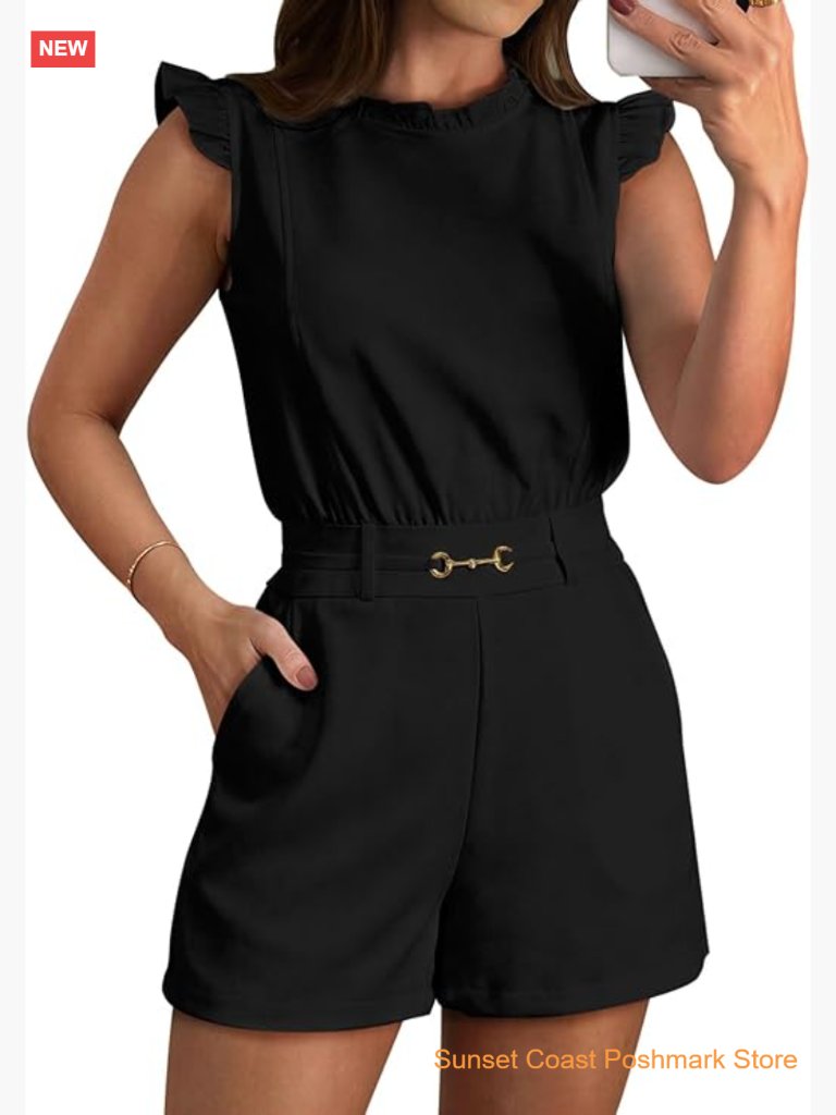 Ruffle Sleeve Crew Neck Short Jumpsuit With Pockets Summer Romper